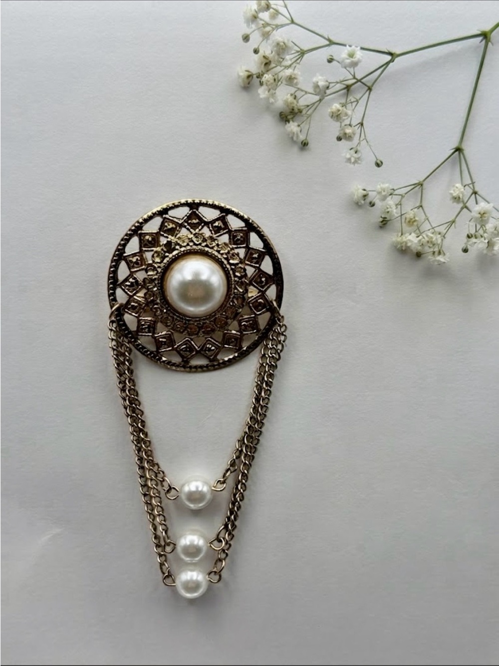 Vintage Gold Filigree Pearl Draping Chain Brooch Pin Antique Style